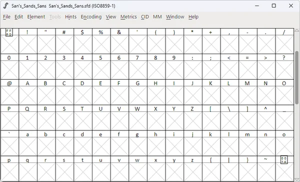 FontForge's default view of all the characters in the encoding