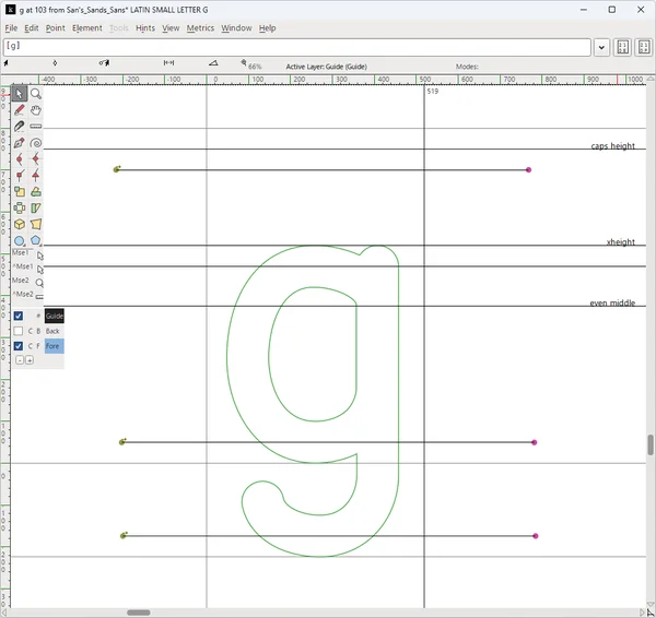 Example of FontForge's named guide tools
