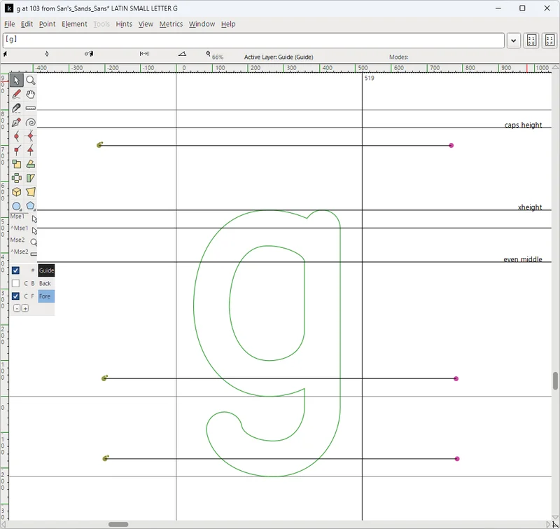 Example of FontForge's named guide tools