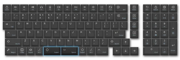A keyboard layout with the split spacebar highlighted