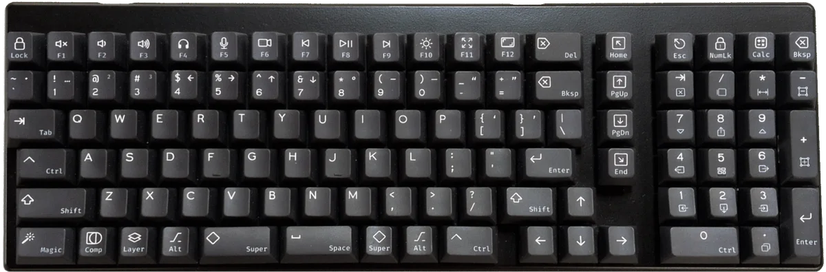 A photograph of a black keyboard with white key labels